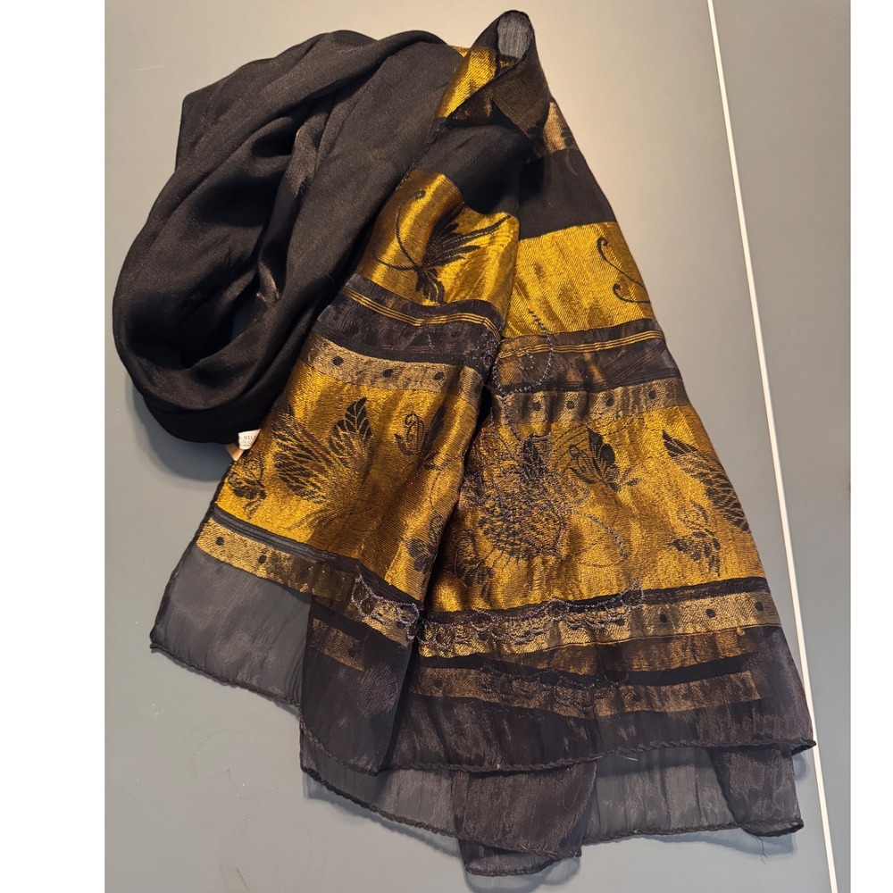 Kin Anderson Scotland Black Gold Silk Scarf Metallic Butterfly Sequin Wrap